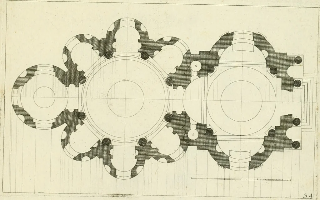 An illustration from Petit uvre d'architecture de Jean Marot, architecte et graveur, ou, Recueil des plans, elevations & coupes de divers anciens edifices de Paris, & de la sépulture des Valois, à S. Denis, avec diverses suites de tombeaux, epitaphes, chapelles, retables d'autels, tabernacles, portes cocheres & autres, &c. & plusieurs petits temples dans le goût antique, qui n'ont jamais paru, 1764, leaf 352