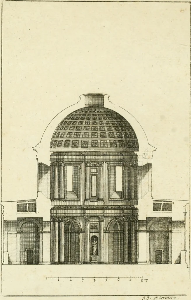 An illustration from Petit uvre d'architecture de Jean Marot, architecte et graveur, ou, Recueil des plans, elevations & coupes de divers anciens edifices de Paris, & de la sépulture des Valois, à S. Denis, avec diverses suites de tombeaux, epitaphes, chapelles, retables d'autels, tabernacles, portes cocheres & autres, &c. & plusieurs petits temples dans le goût antique, qui n'ont jamais paru, 1764, leaf 354