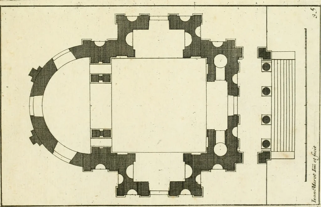 An illustration from Petit uvre d'architecture de Jean Marot, architecte et graveur, ou, Recueil des plans, elevations & coupes de divers anciens edifices de Paris, & de la sépulture des Valois, à S. Denis, avec diverses suites de tombeaux, epitaphes, chapelles, retables d'autels, tabernacles, portes cocheres & autres, &c. & plusieurs petits temples dans le goût antique, qui n'ont jamais paru, 1764, leaf 354