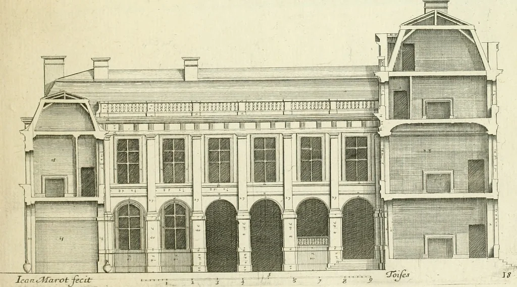 An illustration from Petit uvre d'architecture de Jean Marot, architecte et graveur, ou, Recueil des plans, elevations & coupes de divers anciens edifices de Paris, & de la sépulture des Valois, à S. Denis, avec diverses suites de tombeaux, epitaphes, chapelles, retables d'autels, tabernacles, portes cocheres & autres, &c. & plusieurs petits temples dans le goût antique, qui n'ont jamais paru, 1764, leaf 36