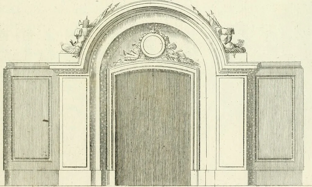 An illustration from Petit uvre d'architecture de Jean Marot, architecte et graveur, ou, Recueil des plans, elevations & coupes de divers anciens edifices de Paris, & de la sépulture des Valois, à S. Denis, avec diverses suites de tombeaux, epitaphes, chapelles, retables d'autels, tabernacles, portes cocheres & autres, &c. & plusieurs petits temples dans le goût antique, qui n'ont jamais paru, 1764, leaf 40