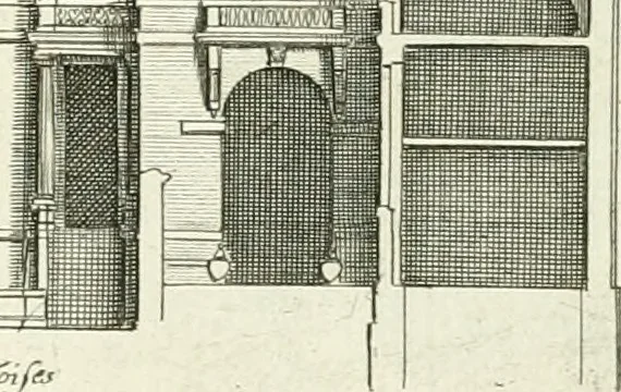An illustration from Petit uvre d'architecture de Jean Marot, architecte et graveur, ou, Recueil des plans, elevations & coupes de divers anciens edifices de Paris, & de la sépulture des Valois, à S. Denis, avec diverses suites de tombeaux, epitaphes, chapelles, retables d'autels, tabernacles, portes cocheres & autres, &c. & plusieurs petits temples dans le goût antique, qui n'ont jamais paru, 1764, leaf 42