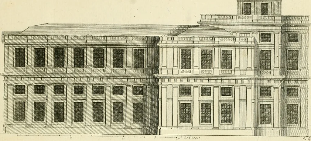An illustration from Petit uvre d'architecture de Jean Marot, architecte et graveur, ou, Recueil des plans, elevations & coupes de divers anciens edifices de Paris, & de la sépulture des Valois, à S. Denis, avec diverses suites de tombeaux, epitaphes, chapelles, retables d'autels, tabernacles, portes cocheres & autres, &c. & plusieurs petits temples dans le goût antique, qui n'ont jamais paru, 1764, leaf 44