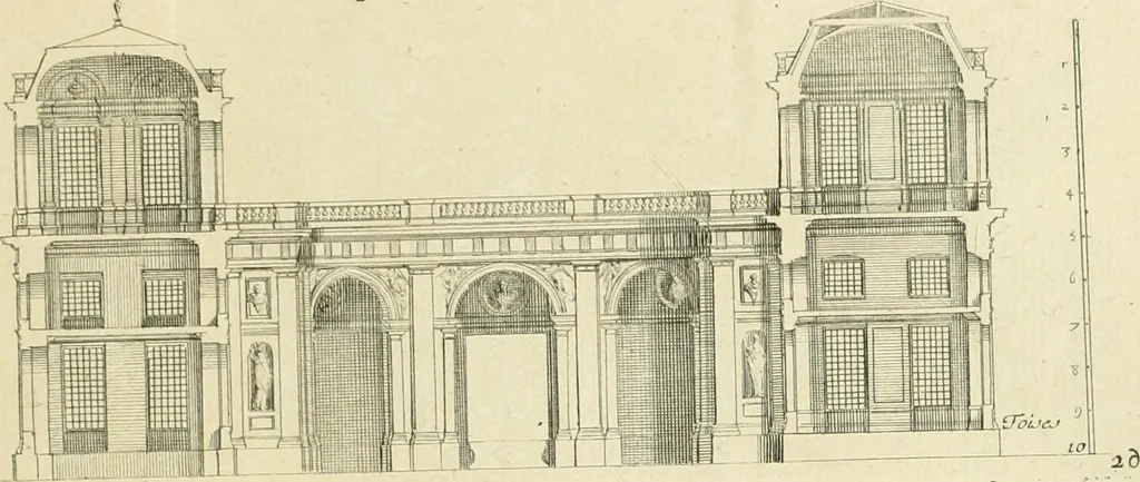 An illustration from Petit uvre d'architecture de Jean Marot, architecte et graveur, ou, Recueil des plans, elevations & coupes de divers anciens edifices de Paris, & de la sépulture des Valois, à S. Denis, avec diverses suites de tombeaux, epitaphes, chapelles, retables d'autels, tabernacles, portes cocheres & autres, &c. & plusieurs petits temples dans le goût antique, qui n'ont jamais paru, 1764, leaf 46