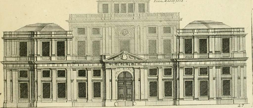 An illustration from Petit uvre d'architecture de Jean Marot, architecte et graveur, ou, Recueil des plans, elevations & coupes de divers anciens edifices de Paris, & de la sépulture des Valois, à S. Denis, avec diverses suites de tombeaux, epitaphes, chapelles, retables d'autels, tabernacles, portes cocheres & autres, &c. & plusieurs petits temples dans le goût antique, qui n'ont jamais paru, 1764, leaf 46