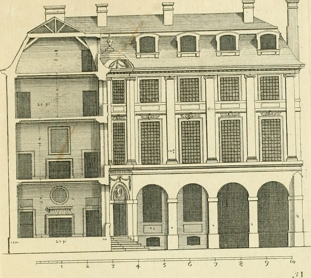 An illustration from Petit uvre d'architecture de Jean Marot, architecte et graveur, ou, Recueil des plans, elevations & coupes de divers anciens edifices de Paris, & de la sépulture des Valois, à S. Denis, avec diverses suites de tombeaux, epitaphes, chapelles, retables d'autels, tabernacles, portes cocheres & autres, &c. & plusieurs petits temples dans le goût antique, qui n'ont jamais paru, 1764, leaf 52