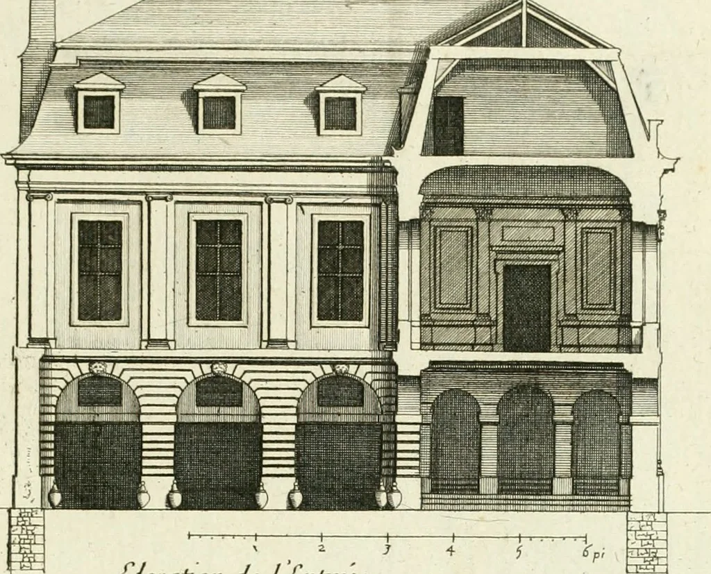 An illustration from Petit uvre d'architecture de Jean Marot, architecte et graveur, ou, Recueil des plans, elevations & coupes de divers anciens edifices de Paris, & de la sépulture des Valois, à S. Denis, avec diverses suites de tombeaux, epitaphes, chapelles, retables d'autels, tabernacles, portes cocheres & autres, &c. & plusieurs petits temples dans le goût antique, qui n'ont jamais paru, 1764, leaf 58