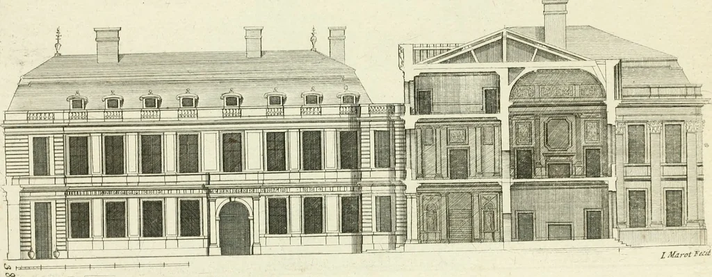 An illustration from Petit uvre d'architecture de Jean Marot, architecte et graveur, ou, Recueil des plans, elevations & coupes de divers anciens edifices de Paris, & de la sépulture des Valois, à S. Denis, avec diverses suites de tombeaux, epitaphes, chapelles, retables d'autels, tabernacles, portes cocheres & autres, &c. & plusieurs petits temples dans le goût antique, qui n'ont jamais paru, 1764, leaf 64