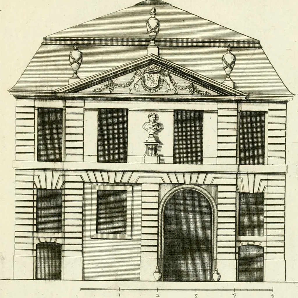 An illustration from Petit uvre d'architecture de Jean Marot, architecte et graveur, ou, Recueil des plans, elevations & coupes de divers anciens edifices de Paris, & de la sépulture des Valois, à S. Denis, avec diverses suites de tombeaux, epitaphes, chapelles, retables d'autels, tabernacles, portes cocheres & autres, &c. & plusieurs petits temples dans le goût antique, qui n'ont jamais paru, 1764, leaf 66
