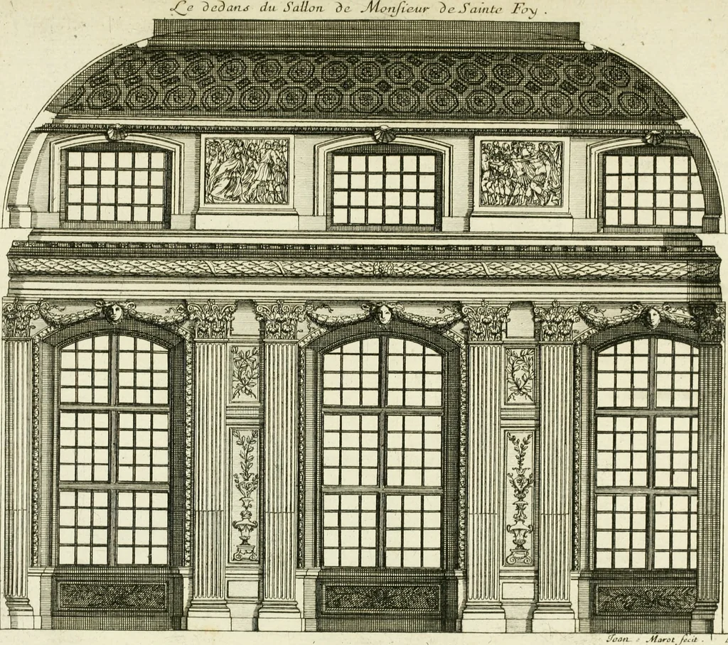 An illustration from Petit uvre d'architecture de Jean Marot, architecte et graveur, ou, Recueil des plans, elevations & coupes de divers anciens edifices de Paris, & de la sépulture des Valois, à S. Denis, avec diverses suites de tombeaux, epitaphes, chapelles, retables d'autels, tabernacles, portes cocheres & autres, &c. & plusieurs petits temples dans le goût antique, qui n'ont jamais paru, 1764, leaf 68
