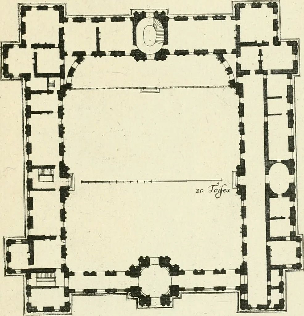 An illustration from Petit uvre d'architecture de Jean Marot, architecte et graveur, ou, Recueil des plans, elevations & coupes de divers anciens edifices de Paris, & de la sépulture des Valois, à S. Denis, avec diverses suites de tombeaux, epitaphes, chapelles, retables d'autels, tabernacles, portes cocheres & autres, &c. & plusieurs petits temples dans le goût antique, qui n'ont jamais paru, 1764, leaf 70