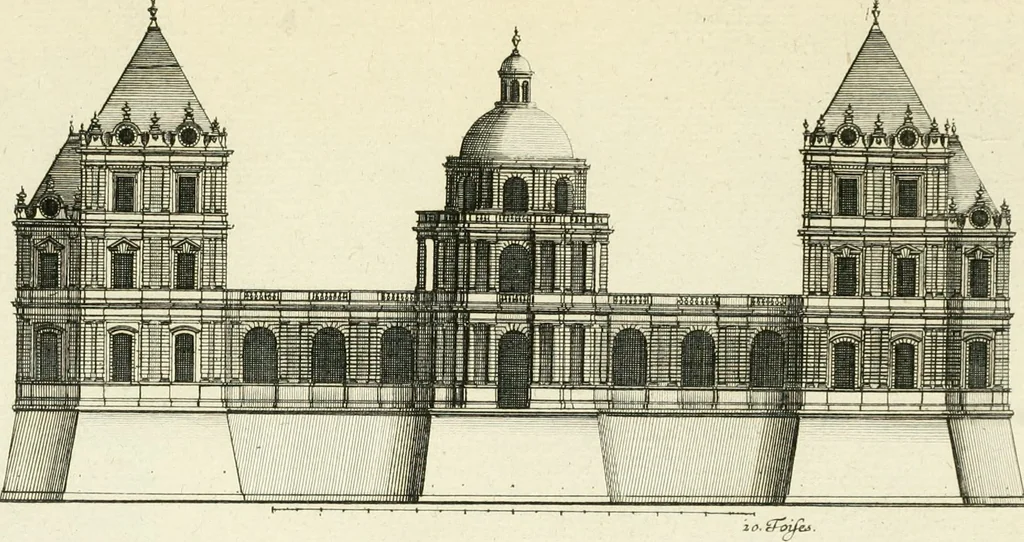 An illustration from Petit uvre d'architecture de Jean Marot, architecte et graveur, ou, Recueil des plans, elevations & coupes de divers anciens edifices de Paris, & de la sépulture des Valois, à S. Denis, avec diverses suites de tombeaux, epitaphes, chapelles, retables d'autels, tabernacles, portes cocheres & autres, &c. & plusieurs petits temples dans le goût antique, qui n'ont jamais paru, 1764, leaf 72