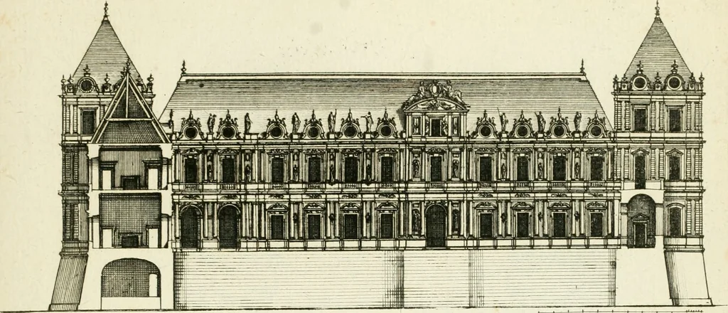 An illustration from Petit uvre d'architecture de Jean Marot, architecte et graveur, ou, Recueil des plans, elevations & coupes de divers anciens edifices de Paris, & de la sépulture des Valois, à S. Denis, avec diverses suites de tombeaux, epitaphes, chapelles, retables d'autels, tabernacles, portes cocheres & autres, &c. & plusieurs petits temples dans le goût antique, qui n'ont jamais paru, 1764, leaf 74