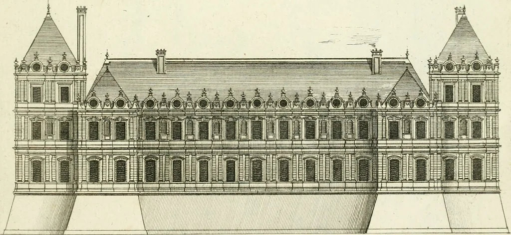 An illustration from Petit uvre d'architecture de Jean Marot, architecte et graveur, ou, Recueil des plans, elevations & coupes de divers anciens edifices de Paris, & de la sépulture des Valois, à S. Denis, avec diverses suites de tombeaux, epitaphes, chapelles, retables d'autels, tabernacles, portes cocheres & autres, &c. & plusieurs petits temples dans le goût antique, qui n'ont jamais paru, 1764, leaf 74