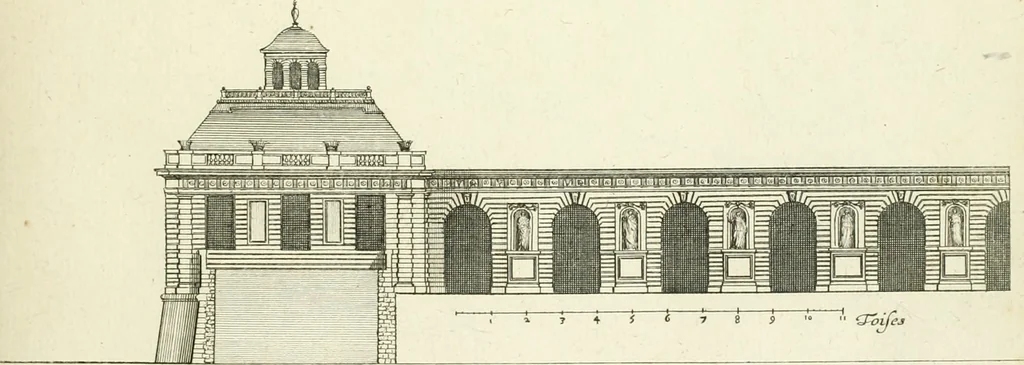 An illustration from Petit uvre d'architecture de Jean Marot, architecte et graveur, ou, Recueil des plans, elevations & coupes de divers anciens edifices de Paris, & de la sépulture des Valois, à S. Denis, avec diverses suites de tombeaux, epitaphes, chapelles, retables d'autels, tabernacles, portes cocheres & autres, &c. & plusieurs petits temples dans le goût antique, qui n'ont jamais paru, 1764, leaf 88