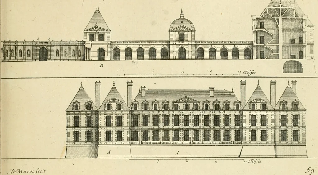 An illustration from Petit uvre d'architecture de Jean Marot, architecte et graveur, ou, Recueil des plans, elevations & coupes de divers anciens edifices de Paris, & de la sépulture des Valois, à S. Denis, avec diverses suites de tombeaux, epitaphes, chapelles, retables d'autels, tabernacles, portes cocheres & autres, &c. & plusieurs petits temples dans le goût antique, qui n'ont jamais paru, 1764, leaf 92