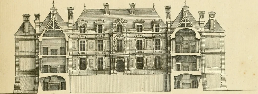An illustration from Petit uvre d'architecture de Jean Marot, architecte et graveur, ou, Recueil des plans, elevations & coupes de divers anciens edifices de Paris, & de la sépulture des Valois, à S. Denis, avec diverses suites de tombeaux, epitaphes, chapelles, retables d'autels, tabernacles, portes cocheres & autres, &c. & plusieurs petits temples dans le goût antique, qui n'ont jamais paru, 1764, leaf 96