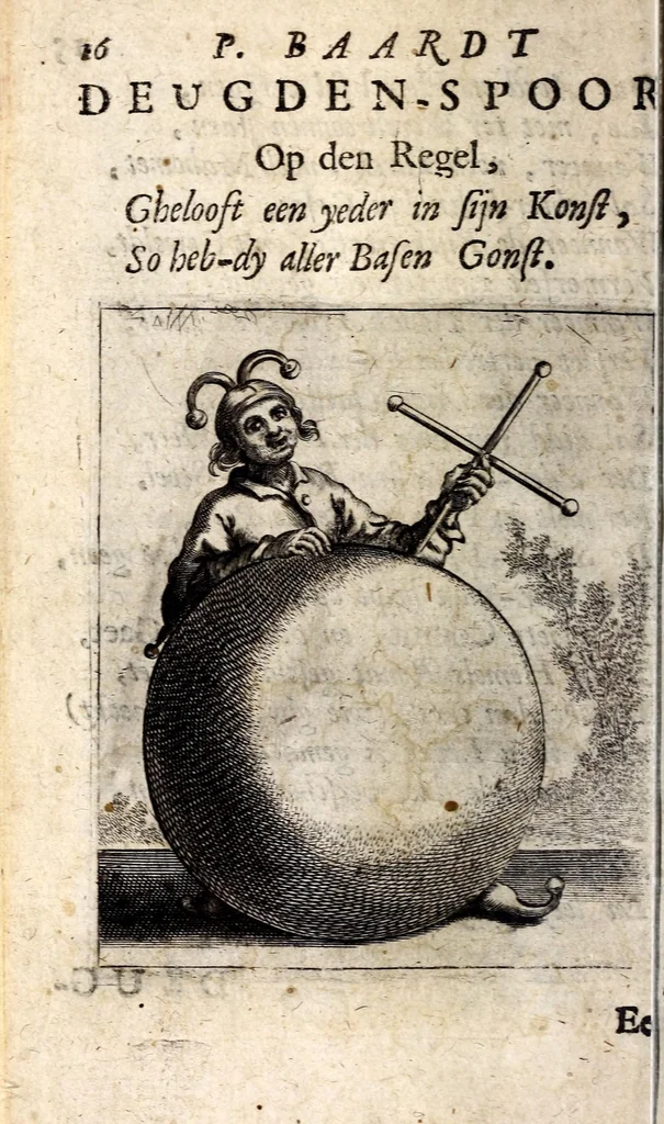 An illustration from Petri Baardt Devgden-spoor in de on-devghden des werelts aff-gebeeldt : op den regel, wat kennr [sic] kan de werelt niet, die door der menschen herte siet?, 1645, leaf 18