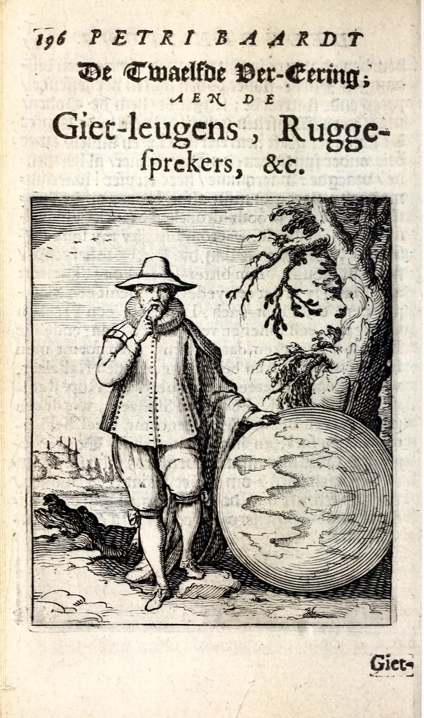 An illustration from Petri Baardt Devgden-spoor in de on-devghden des werelts aff-gebeeldt : op den regel, wat kennr [sic] kan de werelt niet, die door der menschen herte siet?, 1645, leaf 200