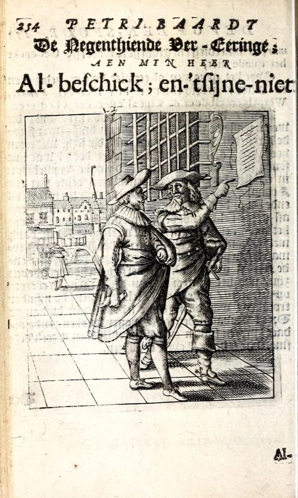 An illustration from Petri Baardt Devgden-spoor in de on-devghden des werelts aff-gebeeldt : op den regel, wat kennr [sic] kan de werelt niet, die door der menschen herte siet?, 1645, leaf 258