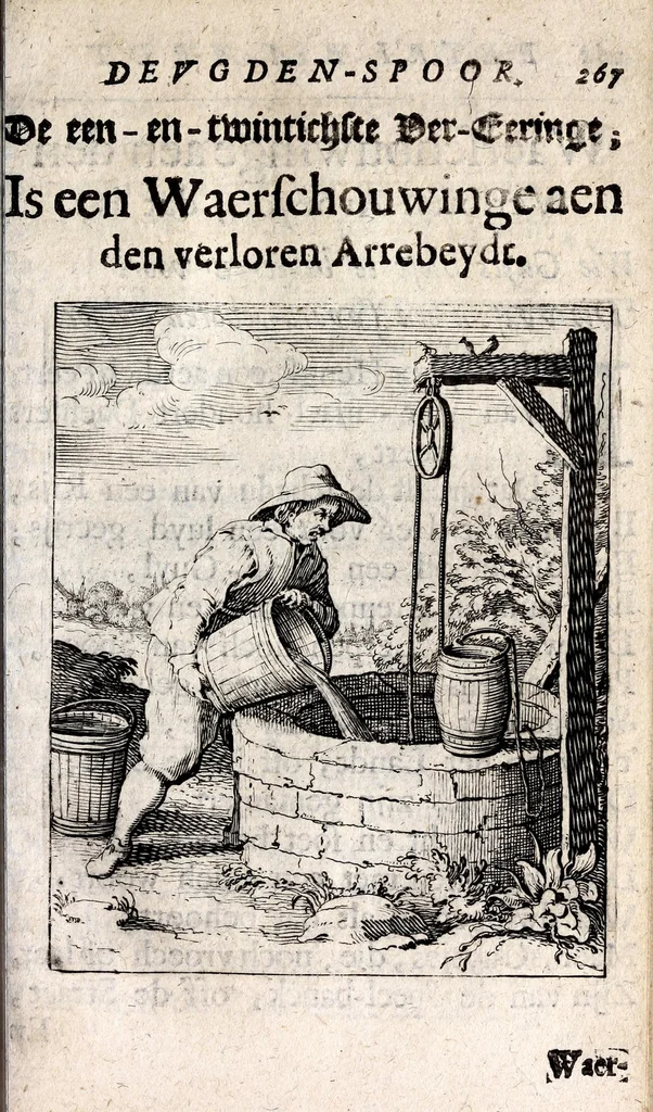 An illustration from Petri Baardt Devgden-spoor in de on-devghden des werelts aff-gebeeldt : op den regel, wat kennr [sic] kan de werelt niet, die door der menschen herte siet?, 1645, leaf 271