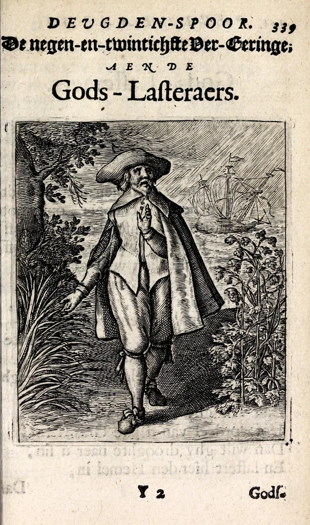An illustration from Petri Baardt Devgden-spoor in de on-devghden des werelts aff-gebeeldt : op den regel, wat kennr [sic] kan de werelt niet, die door der menschen herte siet?, 1645, leaf 345