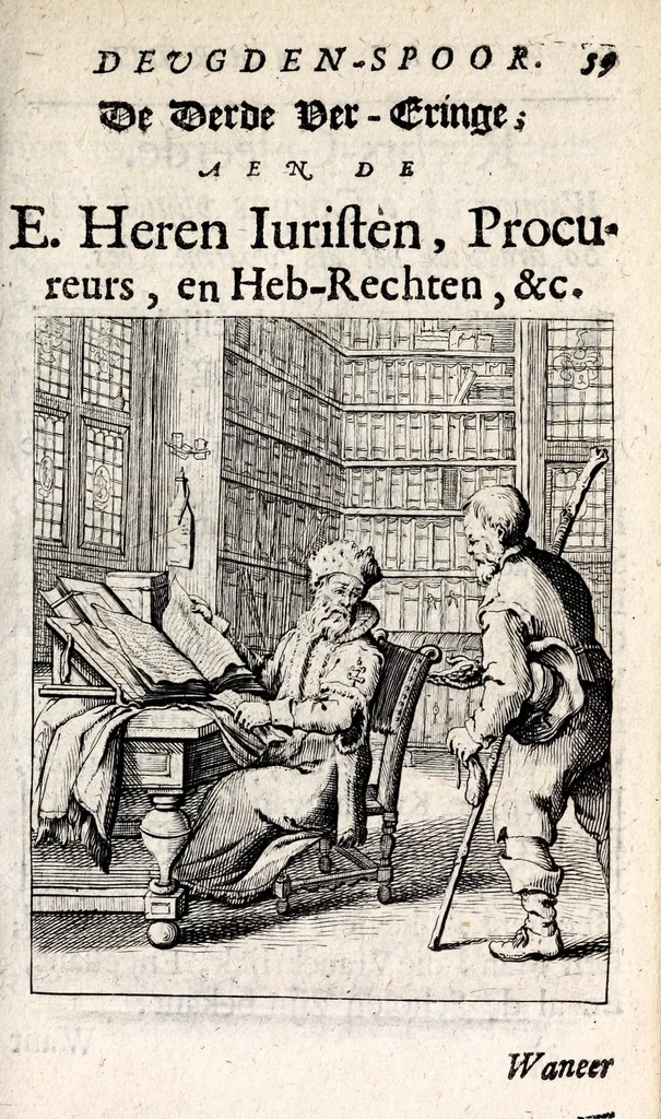 An illustration from Petri Baardt Devgden-spoor in de on-devghden des werelts aff-gebeeldt : op den regel, wat kennr [sic] kan de werelt niet, die door der menschen herte siet?, 1645, leaf 61