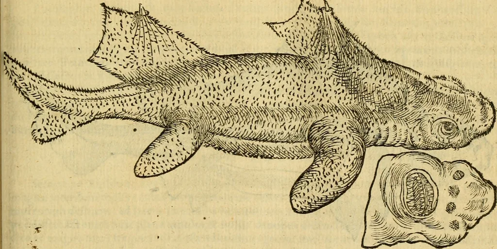 An illustration from Petri Bellonii Cenomani De aquatilibus, libri duo cum [epsilon, iota] conibus ad viuam ipsorum effigiem, quoad eius fieri potuit, expressis .., 1553, leaf 102