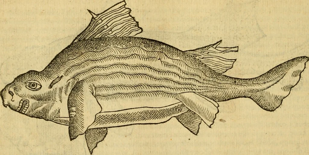 An illustration from Petri Bellonii Cenomani De aquatilibus, libri duo cum [epsilon, iota] conibus ad viuam ipsorum effigiem, quoad eius fieri potuit, expressis .., 1553, leaf 103