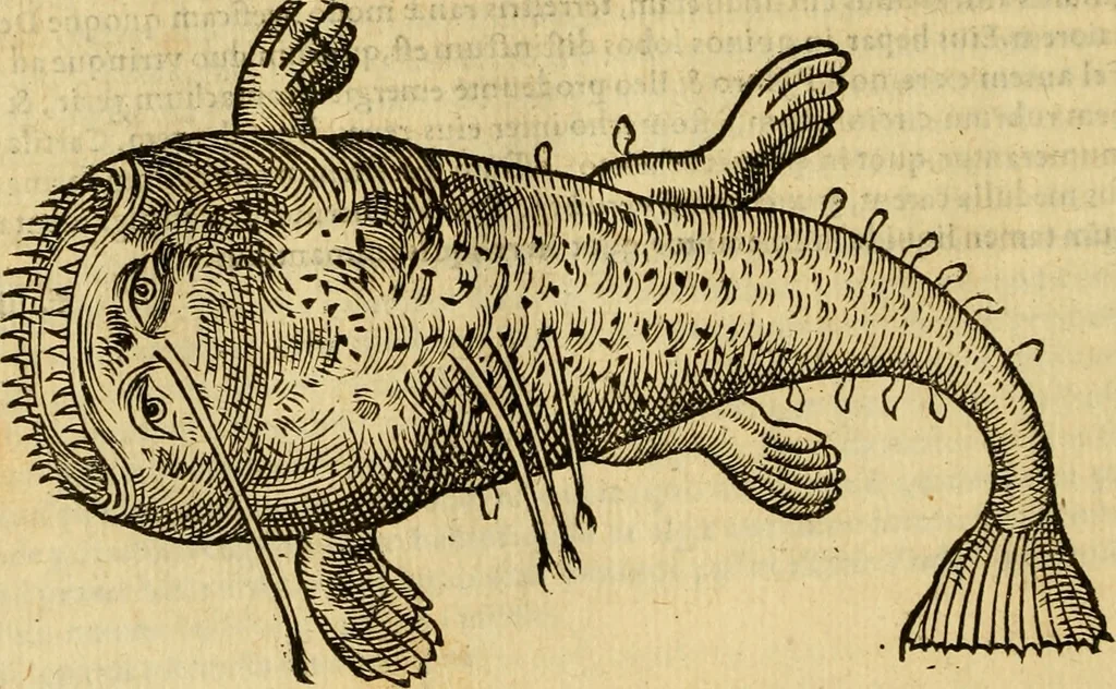 An illustration from Petri Bellonii Cenomani De aquatilibus, libri duo cum [epsilon, iota] conibus ad viuam ipsorum effigiem, quoad eius fieri potuit, expressis .., 1553, leaf 127