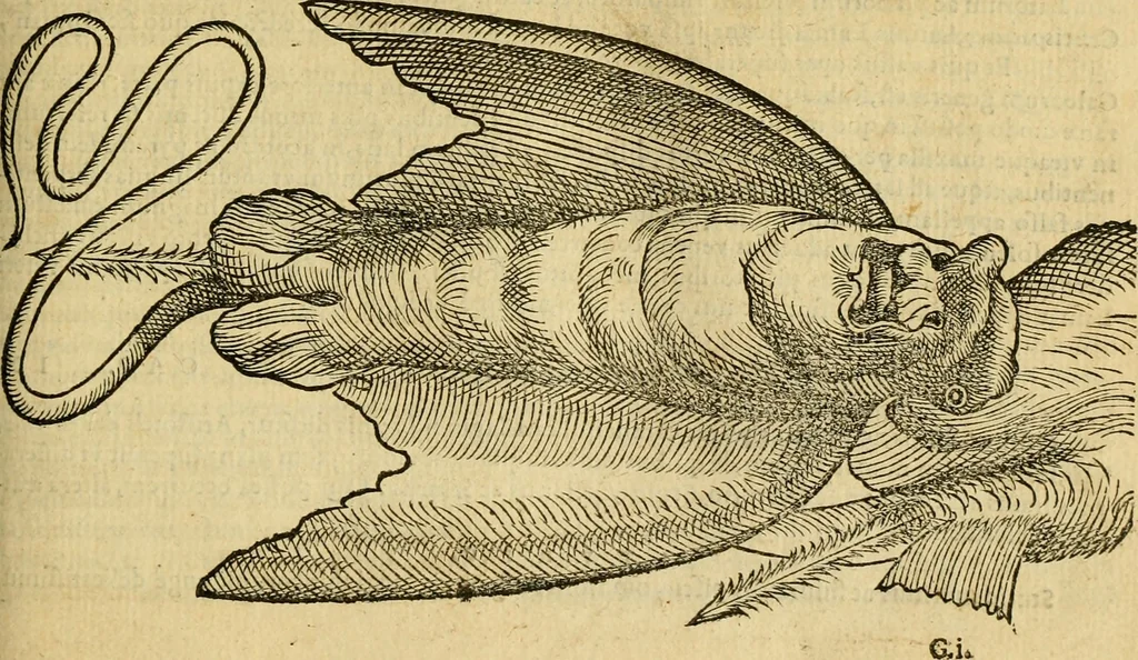 An illustration from Petri Bellonii Cenomani De aquatilibus, libri duo cum [epsilon, iota] conibus ad viuam ipsorum effigiem, quoad eius fieri potuit, expressis .., 1553, leaf 136