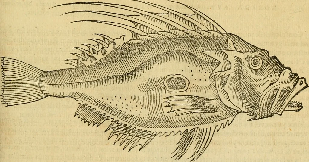 An illustration from Petri Bellonii Cenomani De aquatilibus, libri duo cum [epsilon, iota] conibus ad viuam ipsorum effigiem, quoad eius fieri potuit, expressis .., 1553, leaf 190