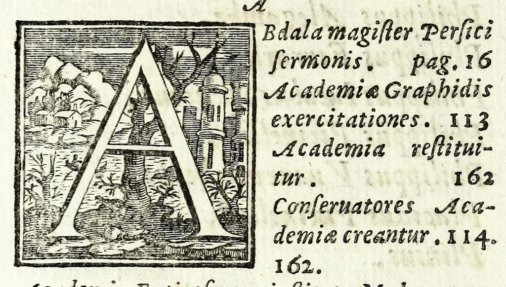 An illustration from Petri Pauli Boschae bibliothecarii, ex sodalitio Sacerdotum Oblatorum, De origine et statu bibliothecae Ambrosianae hemidecas, 1672, leaf 218