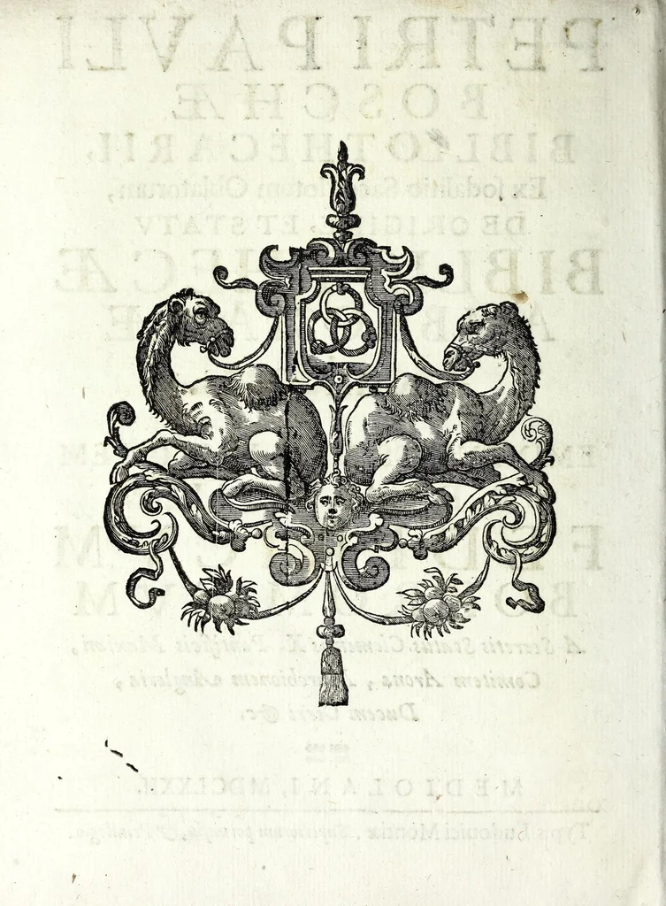 An illustration from Petri Pauli Boschae bibliothecarii, ex sodalitio Sacerdotum Oblatorum, De origine et statu bibliothecae Ambrosianae hemidecas, 1672, leaf 8