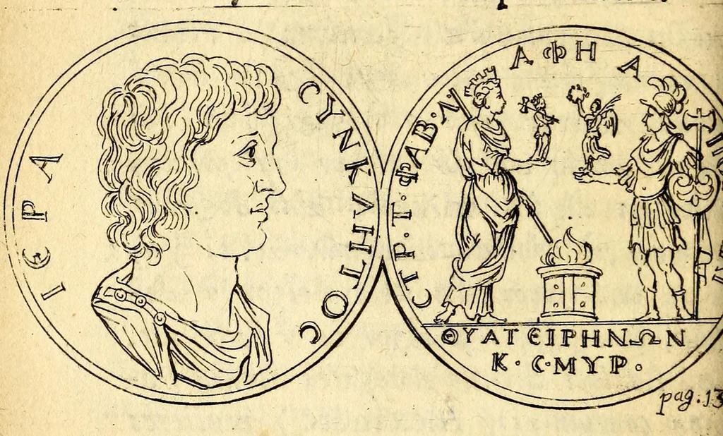 An illustration from Petri Petiti, philosophi, & Doct. medici De Amazonibus dissertatio, : quâ an verè extiterint, necne, variis ultro citroque conjecturis & argumentis disputatur. Multa etiam ad eam gentem pertinentia, ex antiquis monumentis eruuntur atque illustrantur, 1685, leaf 148