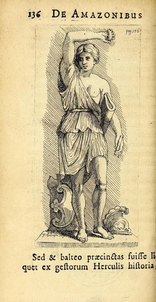 An illustration from Petri Petiti, philosophi, & Doct. medici De Amazonibus dissertatio, : quâ an verè extiterint, necne, variis ultro citroque conjecturis & argumentis disputatur. Multa etiam ad eam gentem pertinentia, ex antiquis monumentis eruuntur atque illustrantur, 1685, leaf 150