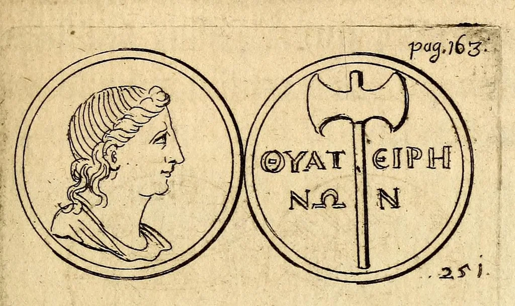 An illustration from Petri Petiti, philosophi, & Doct. medici De Amazonibus dissertatio, : quâ an verè extiterint, necne, variis ultro citroque conjecturis & argumentis disputatur. Multa etiam ad eam gentem pertinentia, ex antiquis monumentis eruuntur atque illustrantur, 1685, leaf 177