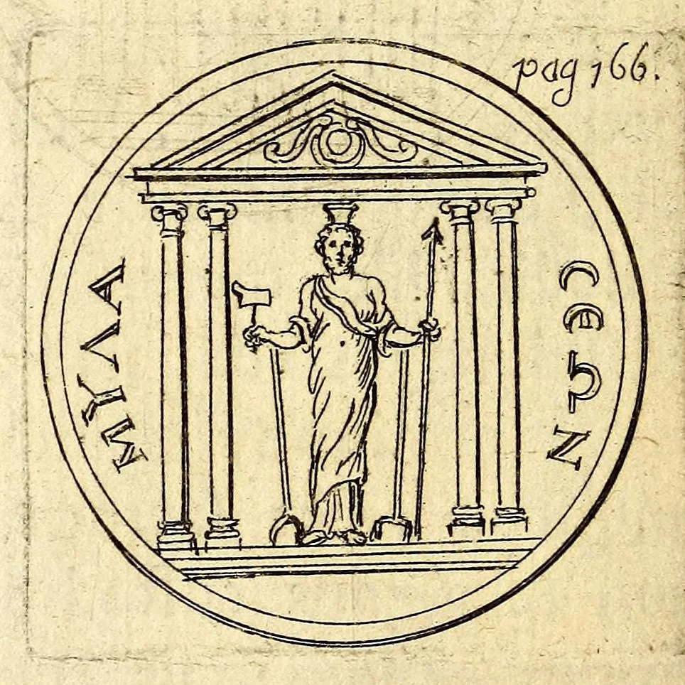 An illustration from Petri Petiti, philosophi, & Doct. medici De Amazonibus dissertatio, : quâ an verè extiterint, necne, variis ultro citroque conjecturis & argumentis disputatur. Multa etiam ad eam gentem pertinentia, ex antiquis monumentis eruuntur atque illustrantur, 1685, leaf 180