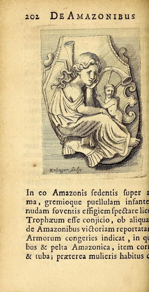 An illustration from Petri Petiti, philosophi, & Doct. medici De Amazonibus dissertatio, : quâ an verè extiterint, necne, variis ultro citroque conjecturis & argumentis disputatur. Multa etiam ad eam gentem pertinentia, ex antiquis monumentis eruuntur atque illustrantur, 1685, leaf 216