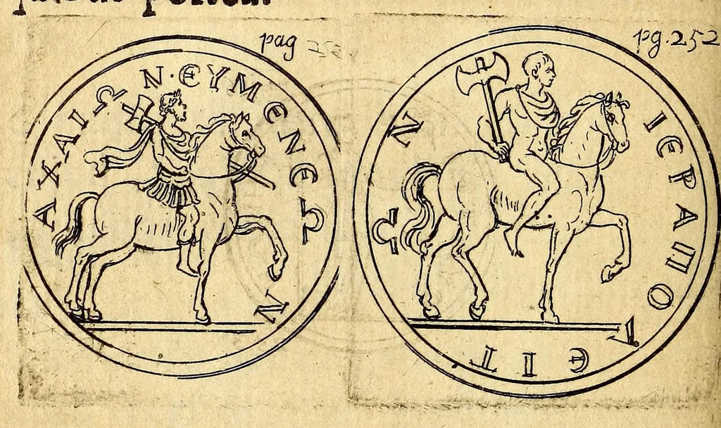 An illustration from Petri Petiti, philosophi, & Doct. medici De Amazonibus dissertatio, : quâ an verè extiterint, necne, variis ultro citroque conjecturis & argumentis disputatur. Multa etiam ad eam gentem pertinentia, ex antiquis monumentis eruuntur atque illustrantur, 1685, leaf 266