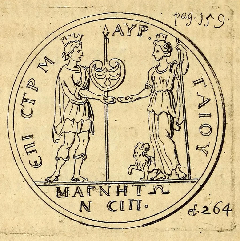 An illustration from Petri Petiti, philosophi, & Doct. medici De Amazonibus dissertatio, : quâ an verè extiterint, necne, variis ultro citroque conjecturis & argumentis disputatur. Multa etiam ad eam gentem pertinentia, ex antiquis monumentis eruuntur atque illustrantur, 1685, leaf 278