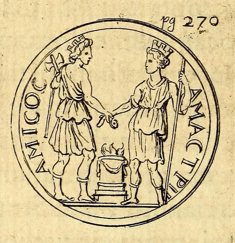 An illustration from Petri Petiti, philosophi, & Doct. medici De Amazonibus dissertatio, : quâ an verè extiterint, necne, variis ultro citroque conjecturis & argumentis disputatur. Multa etiam ad eam gentem pertinentia, ex antiquis monumentis eruuntur atque illustrantur, 1685, leaf 284