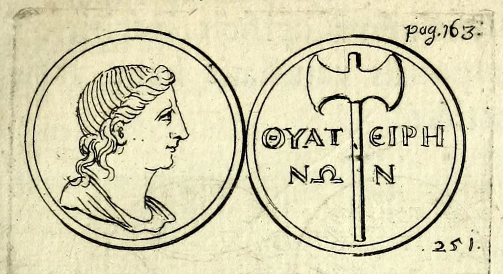 An illustration from Petri Petiti, philosophi & doct. medici, De Amazonibus dissertatio, quâ an verè extiterint, necne, variis ultro citroque conjecturis & argumentis disputatur. Multa etiam ad eam gentem pertinentia, ex antiquis monumentis eruuntur atque illustrantur, 1685, leaf 173