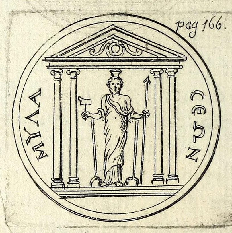 An illustration from Petri Petiti, philosophi & doct. medici, De Amazonibus dissertatio, quâ an verè extiterint, necne, variis ultro citroque conjecturis & argumentis disputatur. Multa etiam ad eam gentem pertinentia, ex antiquis monumentis eruuntur atque illustrantur, 1685, leaf 176