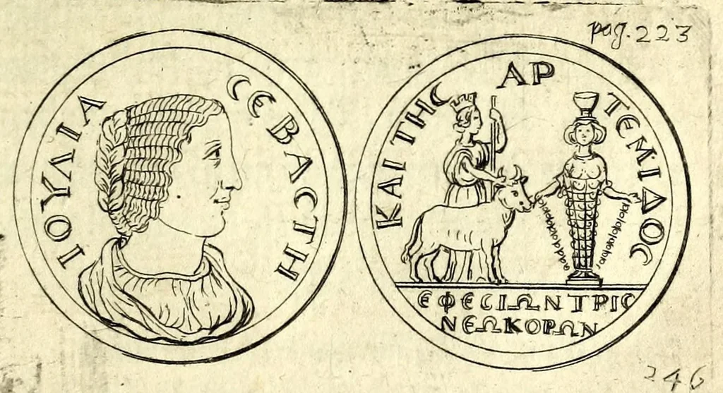 An illustration from Petri Petiti, philosophi & doct. medici, De Amazonibus dissertatio, quâ an verè extiterint, necne, variis ultro citroque conjecturis & argumentis disputatur. Multa etiam ad eam gentem pertinentia, ex antiquis monumentis eruuntur atque illustrantur, 1685, leaf 233