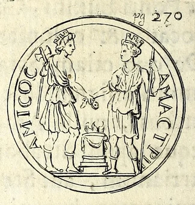 An illustration from Petri Petiti, philosophi & doct. medici, De Amazonibus dissertatio, quâ an verè extiterint, necne, variis ultro citroque conjecturis & argumentis disputatur. Multa etiam ad eam gentem pertinentia, ex antiquis monumentis eruuntur atque illustrantur, 1685, leaf 280