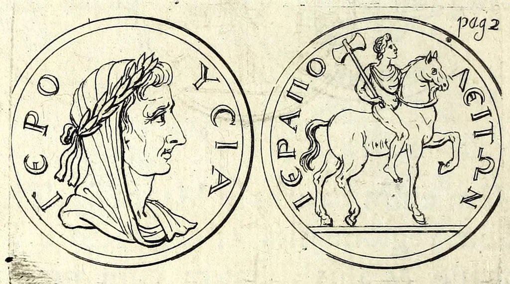 An illustration from Petri Petiti, philosophi & doct. medici, De Amazonibus dissertatio, quâ an verè extiterint, necne, variis ultro citroque conjecturis & argumentis disputatur. Multa etiam ad eam gentem pertinentia, ex antiquis monumentis eruuntur atque illustrantur, 1685, leaf 294