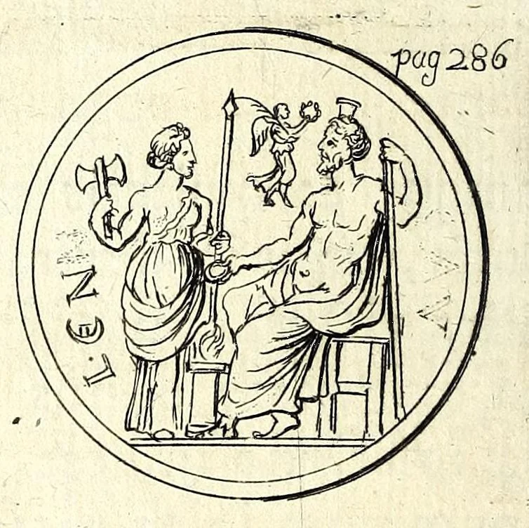 An illustration from Petri Petiti, philosophi & doct. medici, De Amazonibus dissertatio, quâ an verè extiterint, necne, variis ultro citroque conjecturis & argumentis disputatur. Multa etiam ad eam gentem pertinentia, ex antiquis monumentis eruuntur atque illustrantur, 1685, leaf 296
