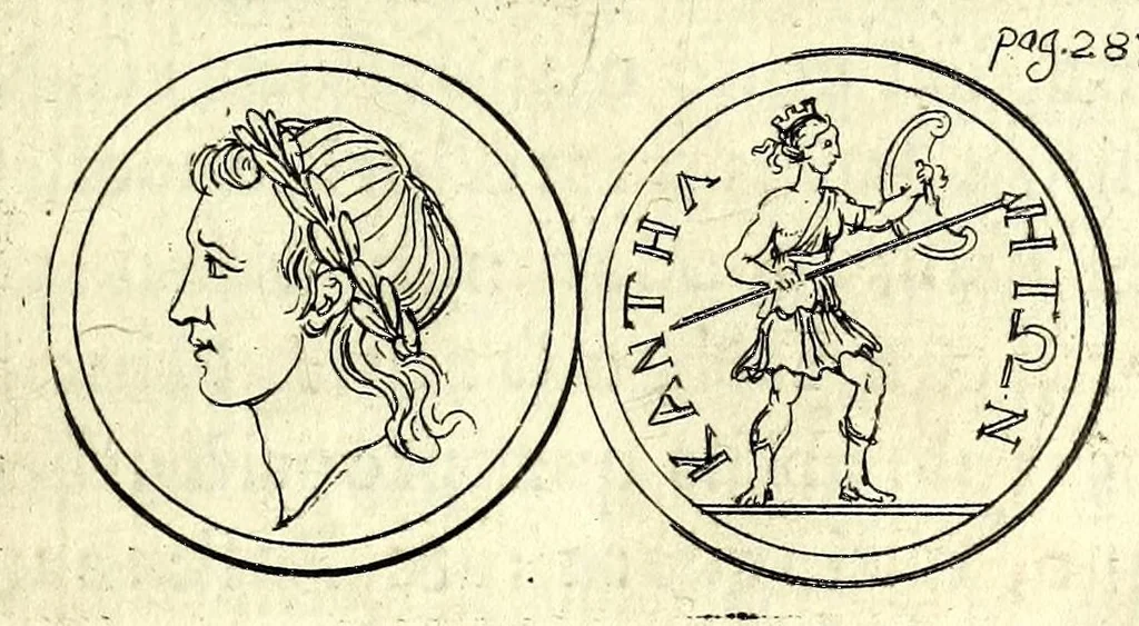 An illustration from Petri Petiti, philosophi & doct. medici, De Amazonibus dissertatio, quâ an verè extiterint, necne, variis ultro citroque conjecturis & argumentis disputatur. Multa etiam ad eam gentem pertinentia, ex antiquis monumentis eruuntur atque illustrantur, 1685, leaf 297