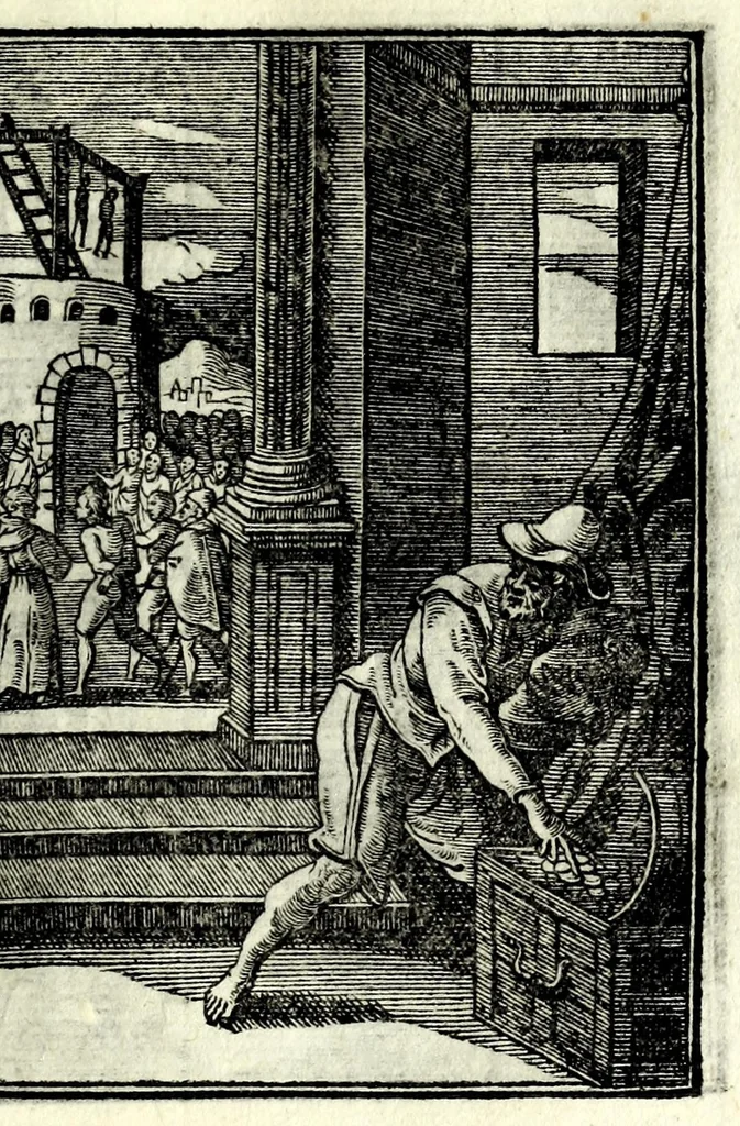 An illustration from Petrou Kanisiou tou tēs Etaireias Iēsou theologou Katēchismos eikonismenos, 1613, leaf 57